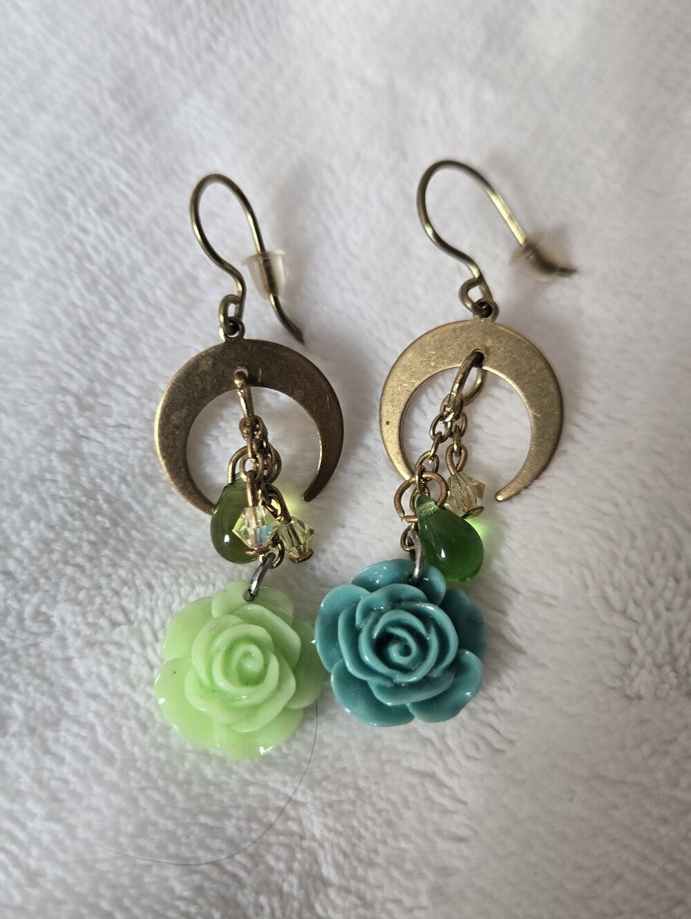 Handmade Floral Crescent Drop Earrings - Green & Teal